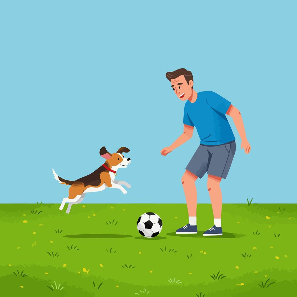 Man Playing Soccer with Dog in Green Field Under Blue Sky vector