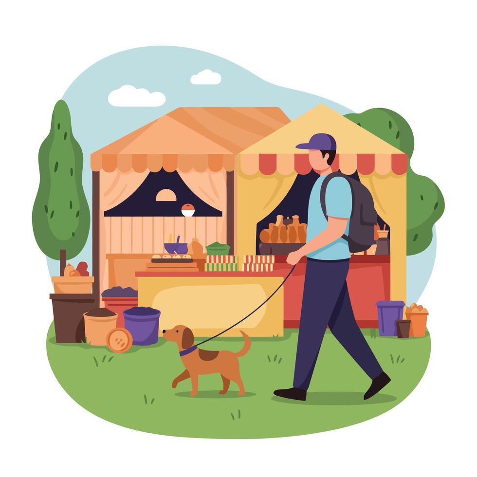 Man Walking Dog at Outdoor Market with Food Vendors and Stalls vector