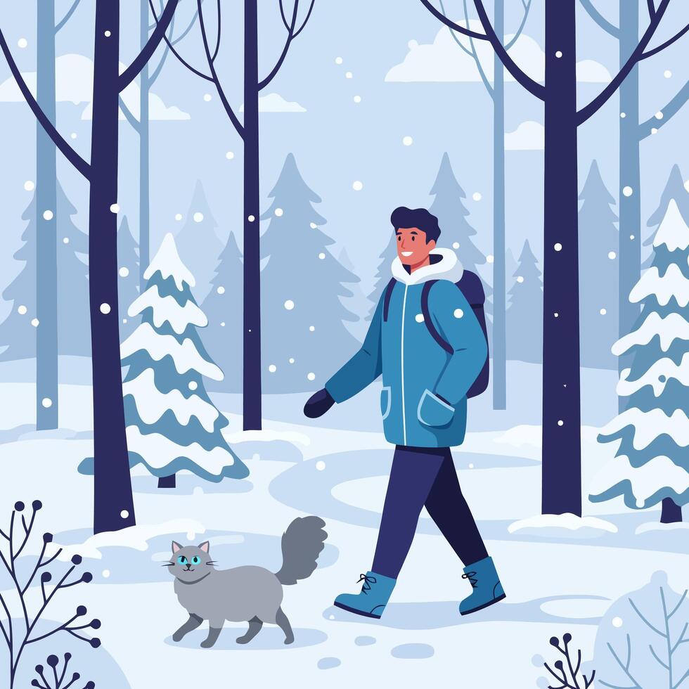 Person Walking with Cat in Snowy Winter Forest Landscape vector