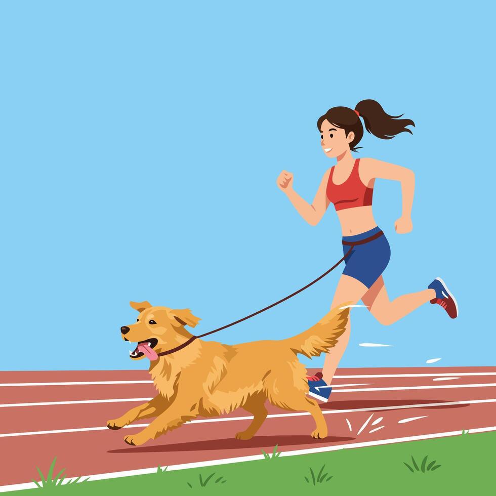 Woman Running with Dog on Track Under Blue Sky Illustration vector