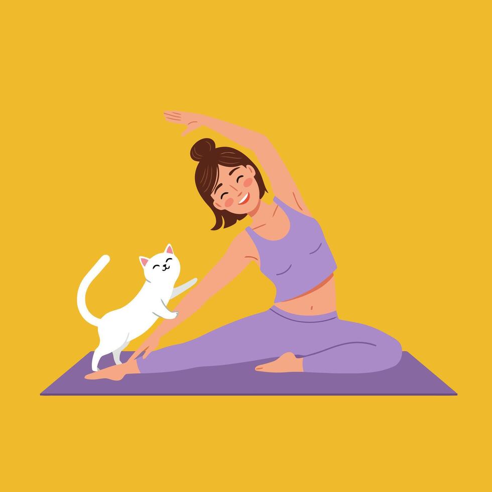 Woman Practicing Yoga with a Playful White Cat Illustration vector