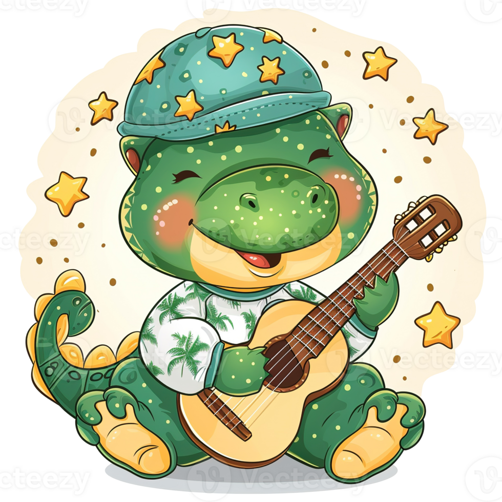 A friendly green dinosaur playing guitar with starry hat and shirt png