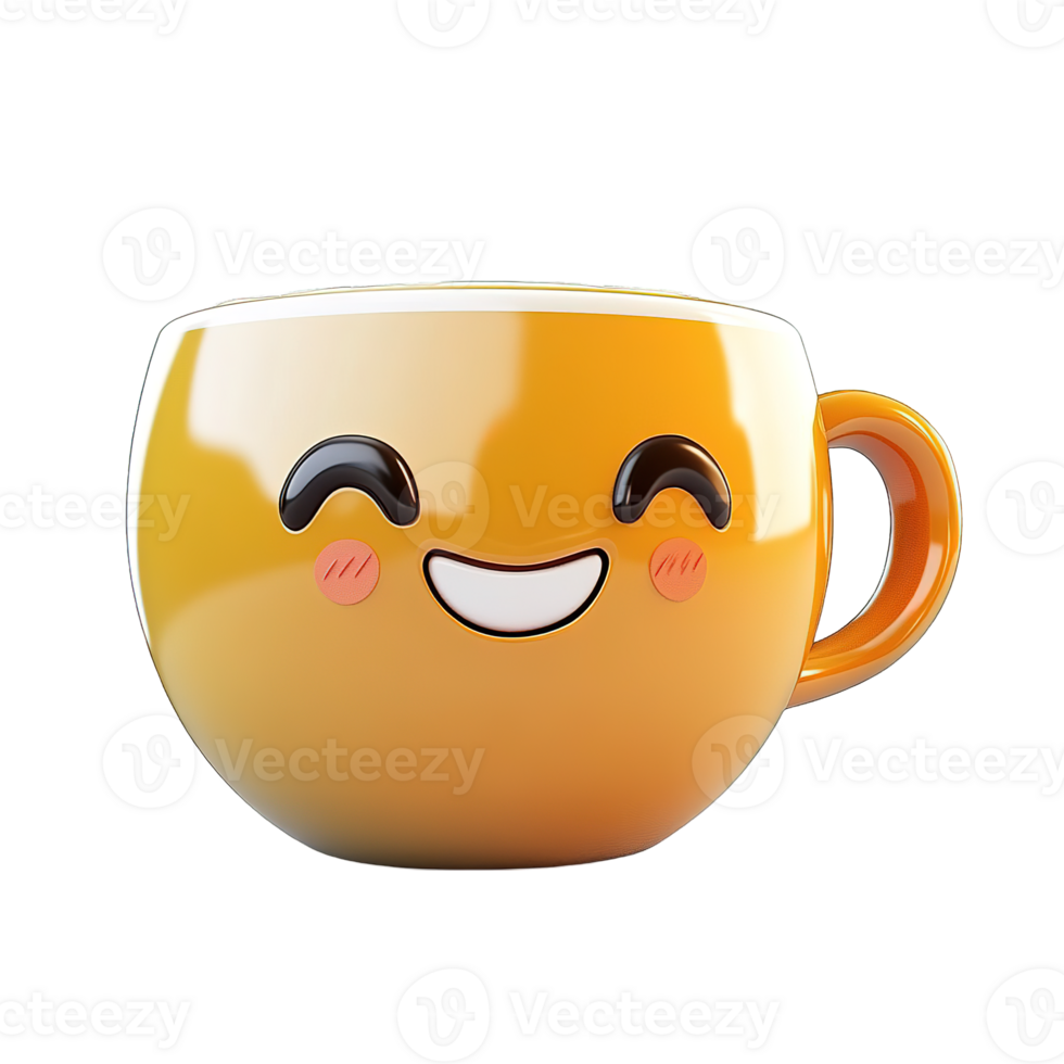 A stylized yellow mug with a smiling and happy face png