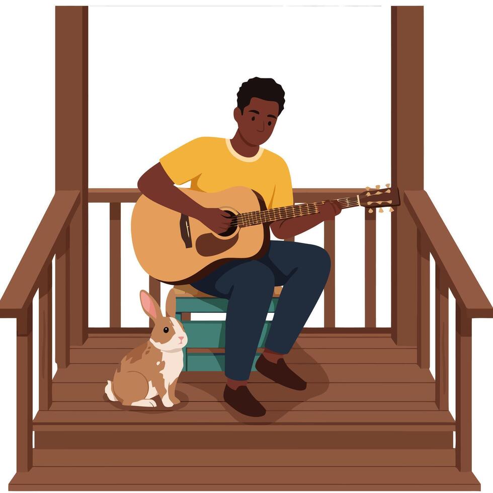 Man Playing Guitar on Porch with Rabbit Listening Attentively vector
