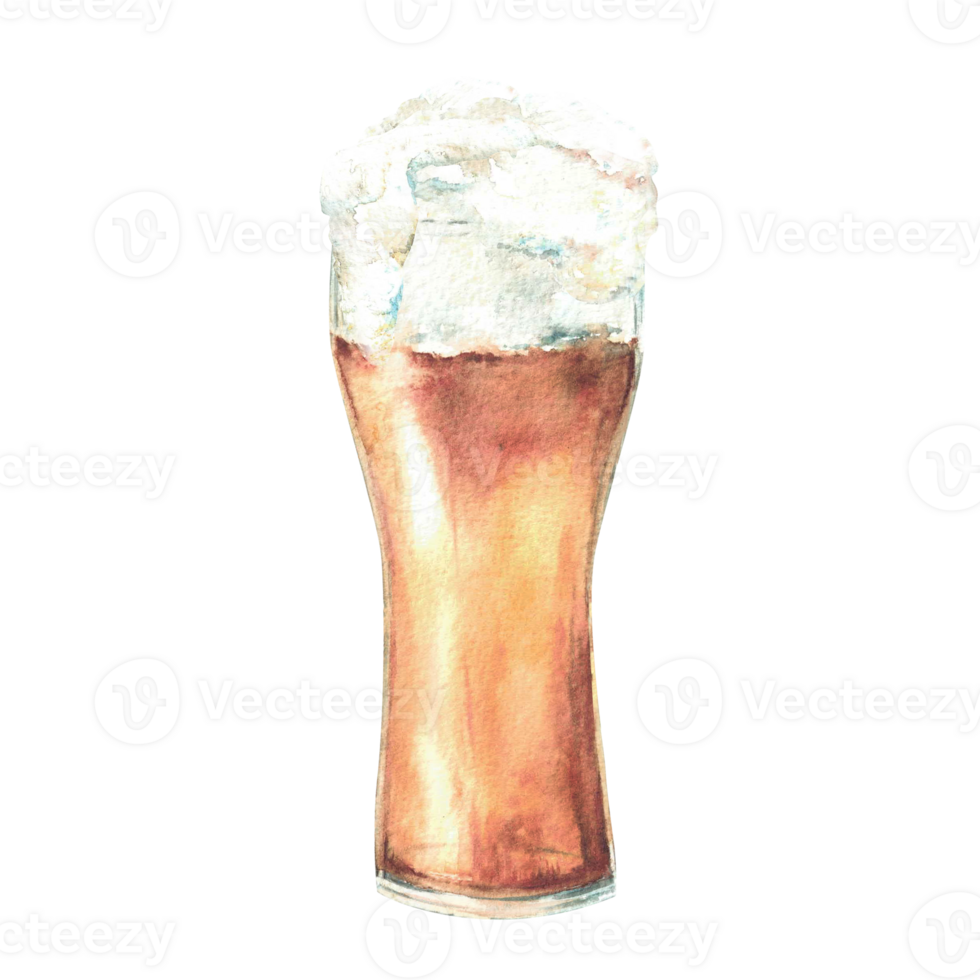 A glass of Beer. Foamy beer drinks, pint of light golden alcoholic beverage. Watercolor drawing illustration for Oktoberfest Germany festival card, sticker. Hand drawn isolated from background clipart png