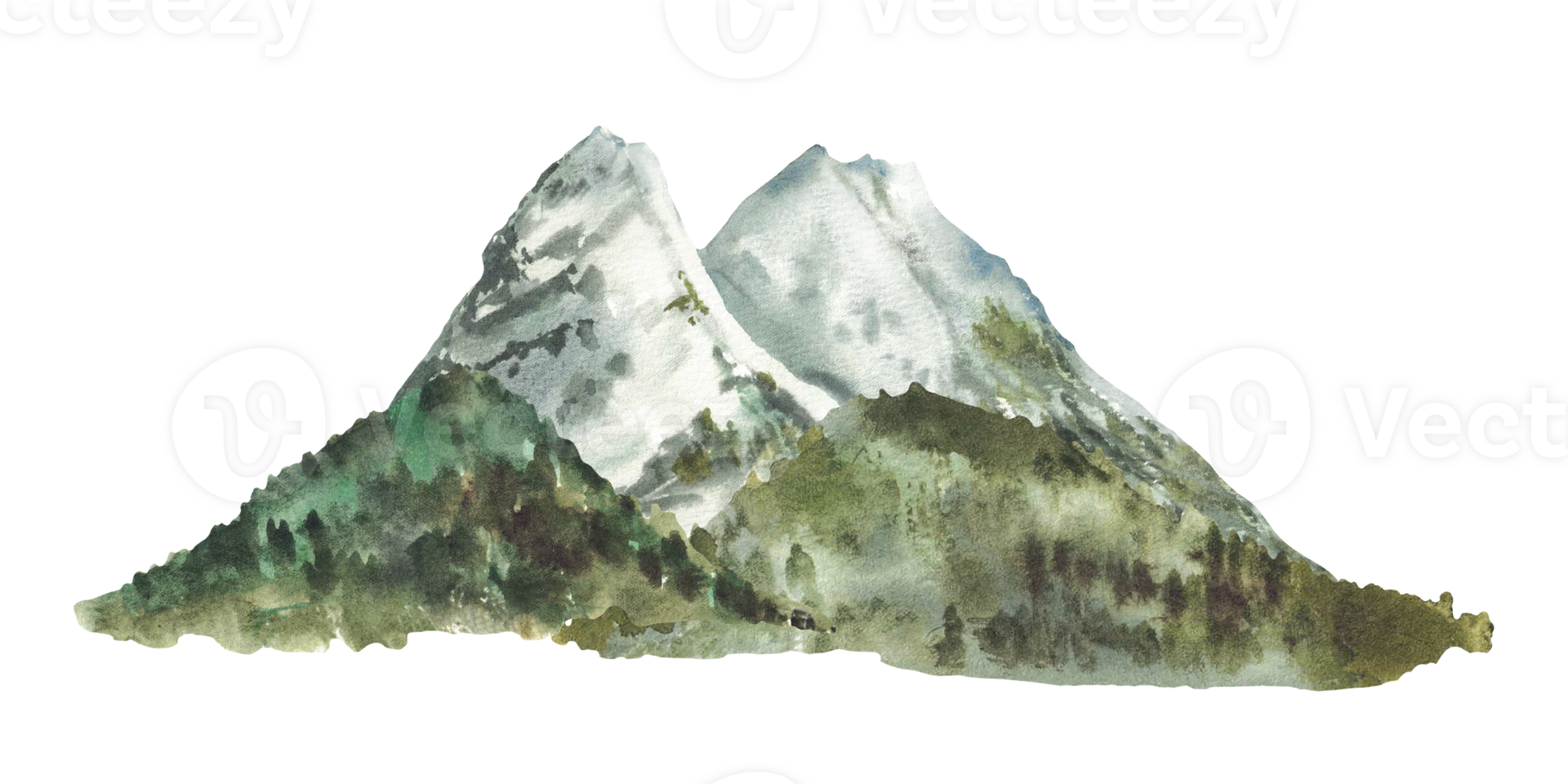 Zugspitze mountain landscape in Germany. Watercolor Mountain peaks, rocks and forested hills, silhouettes of distant trees for Bavarian land card, travel poster. Hand drawn isolated illustration png