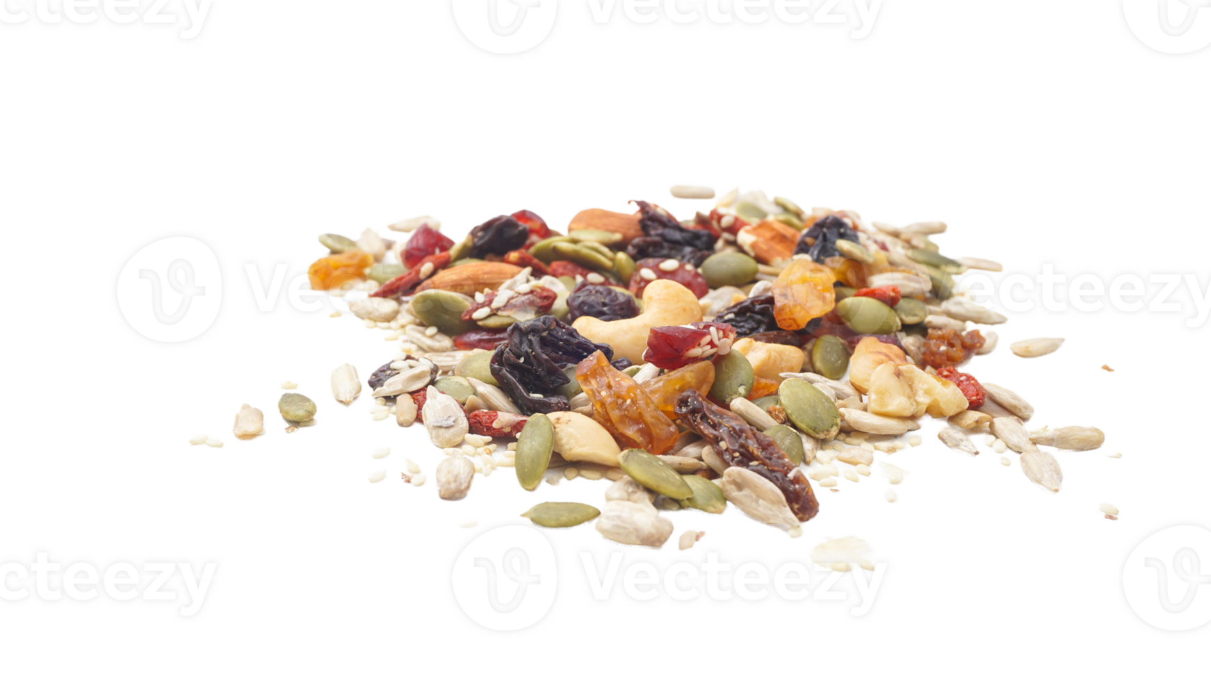 Nutritious blend of nuts seeds and dried fruits isolated on transparent background png