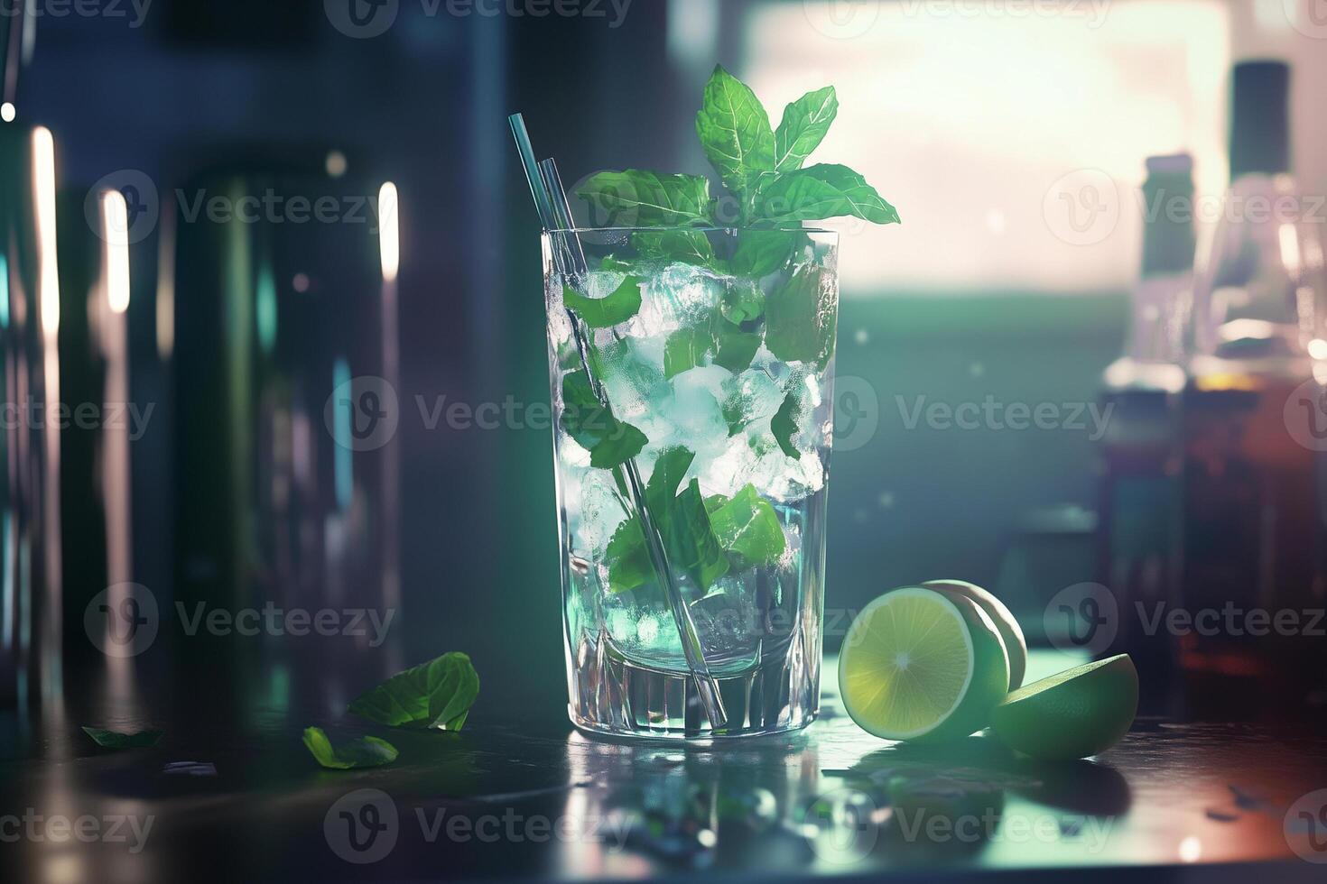 Mojito drink in a tall glass filled with ice, mint leaves, and lime wedges, accompanied by a drinking straw, blurred background photo