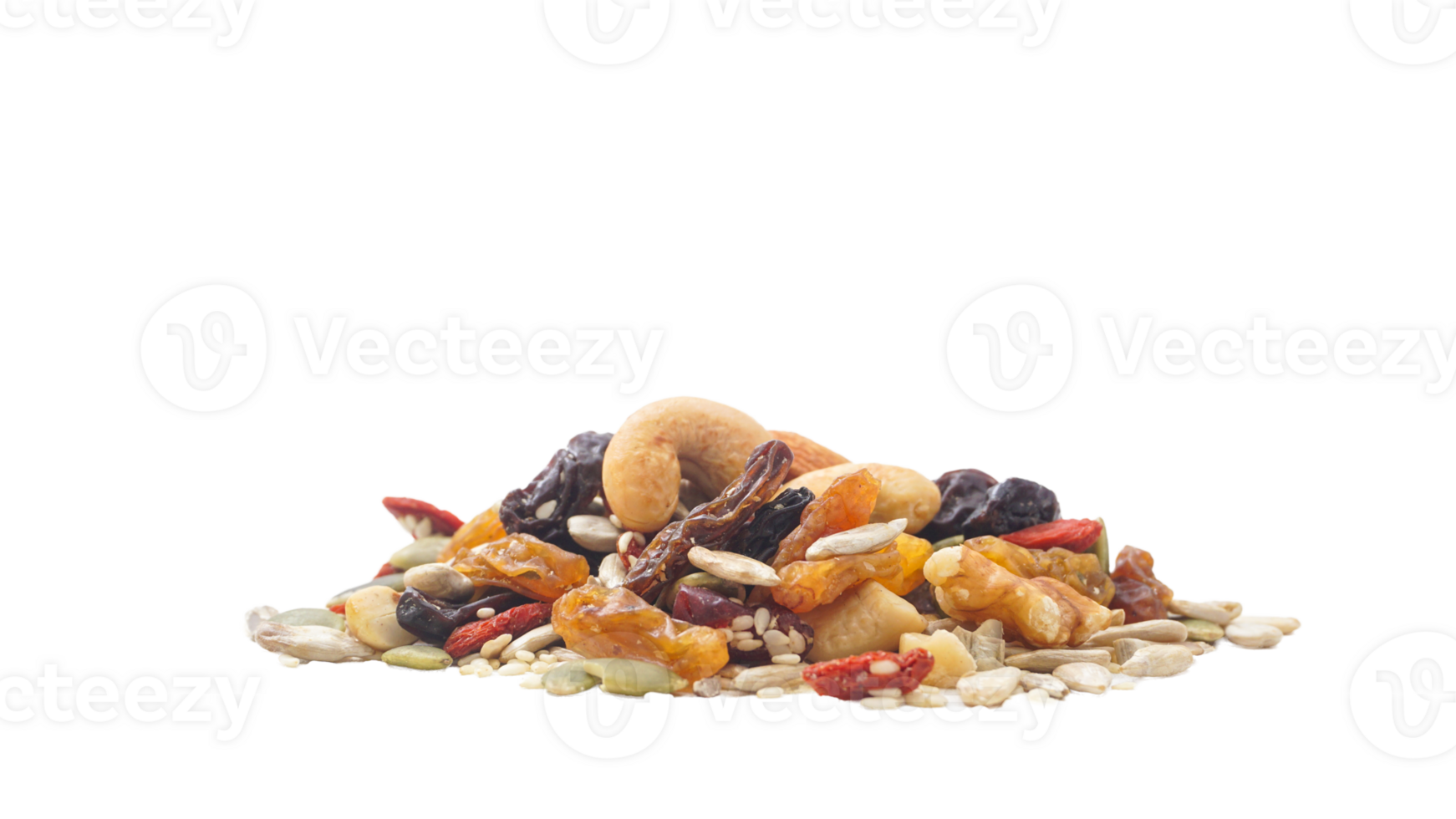 Selection of mixed nuts seeds and dried fruits isolated on transparent background png