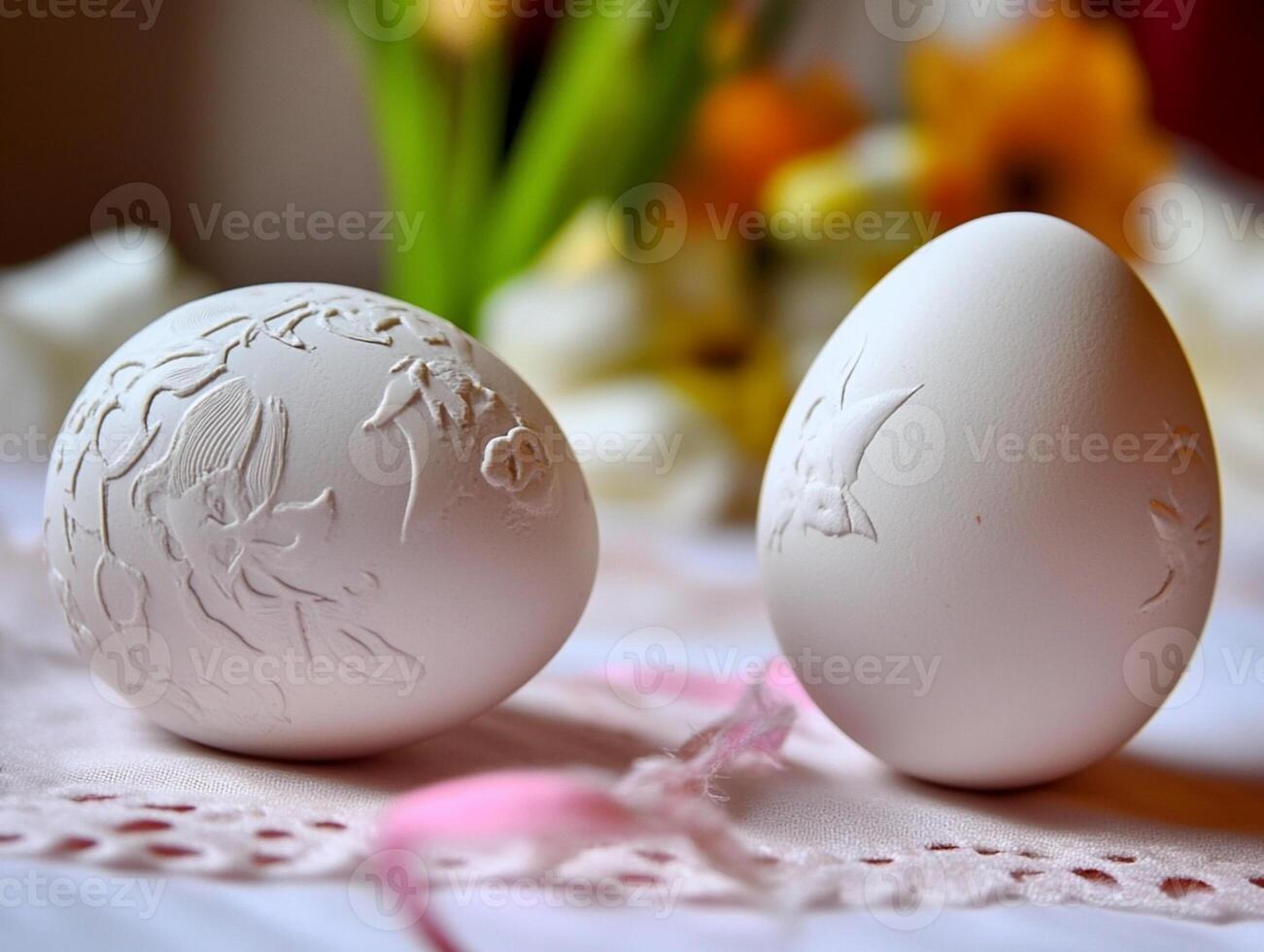 Two Easter Eggs with Intricate Carved Symbols photo