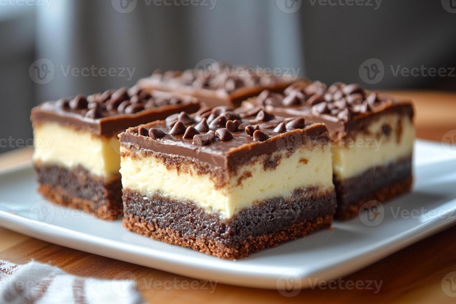 Four pieces of Classic Canadian Nanaimo Bars. Chocolate, Custard, and Coconut Layers photo