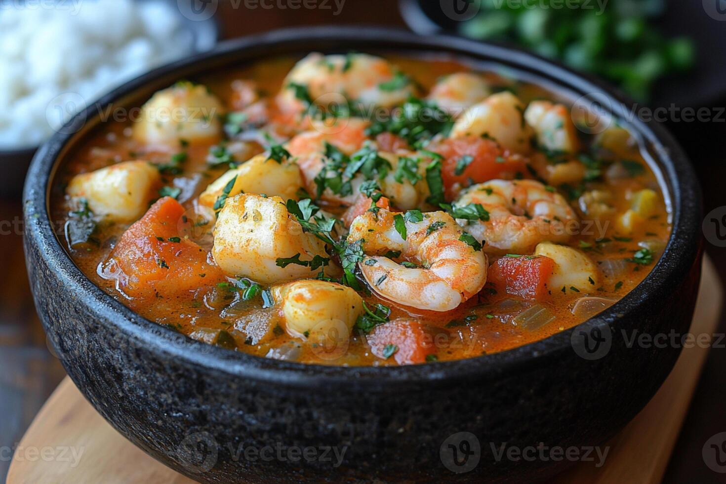 Traditional Brazilian Moqueca. Flavorful Seafood Stew with Coconut Milk and Peppers photo