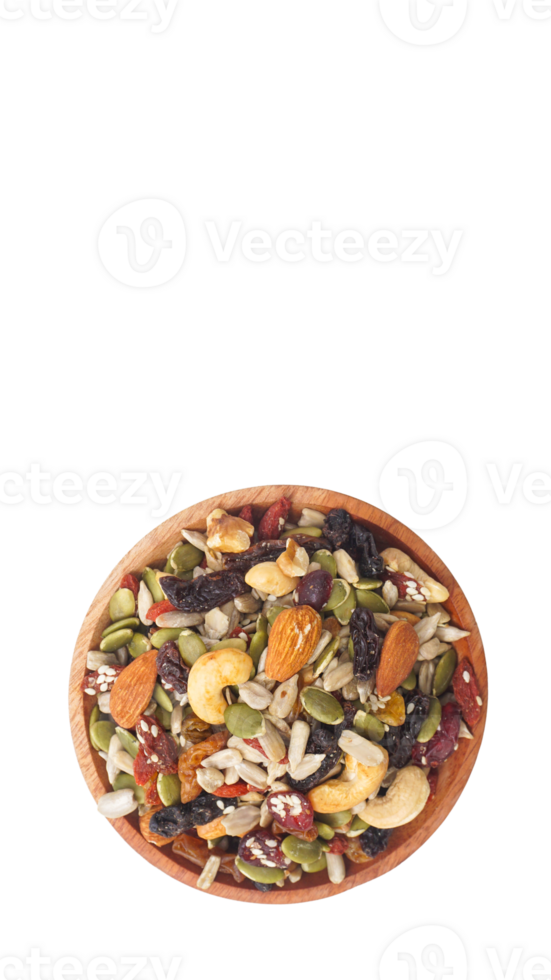 Delicious combination of nuts seeds and dried fruits isolated on transparent background png