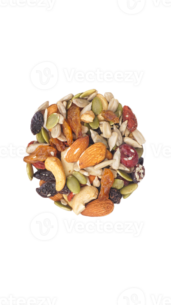 Assorted nuts seeds and dried fruits isolated on transparent background png