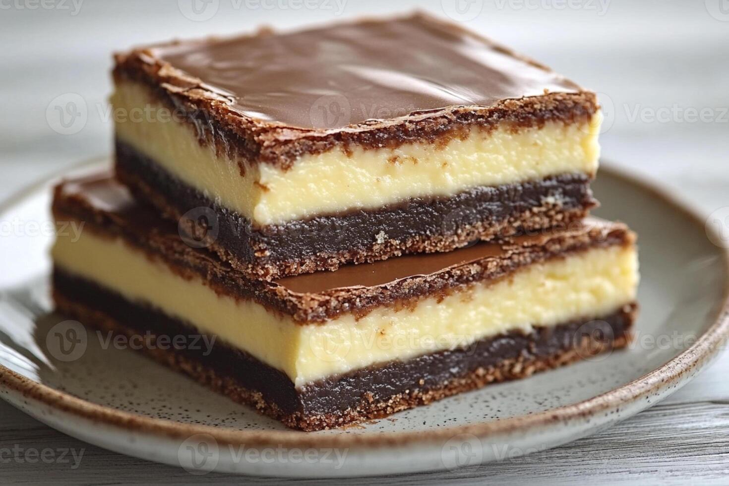 Classic Two Canadian Nanaimo Bars Put on Top of Each Other Chocolate, Custard, and Coconut Layers photo