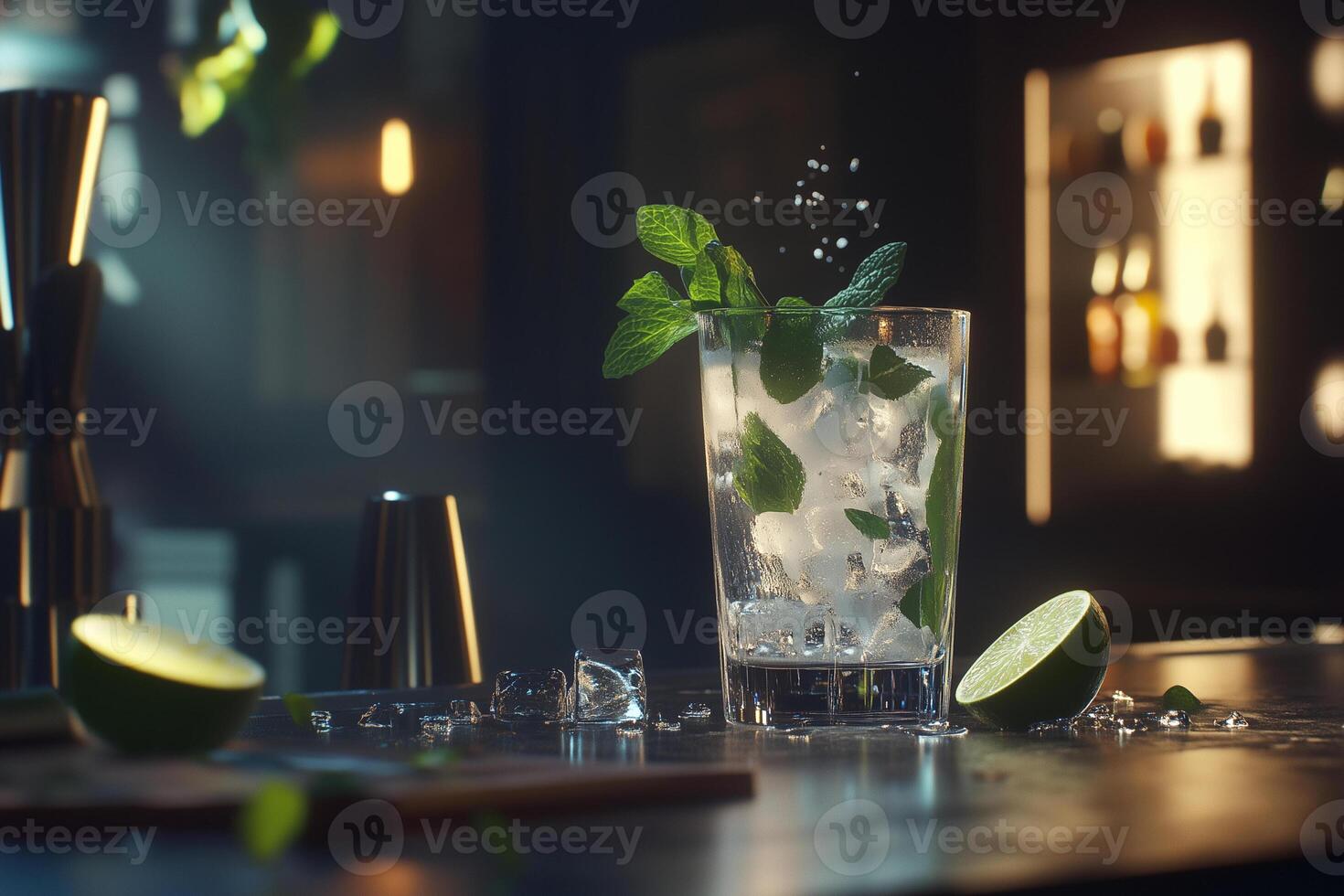 Mojito drink in a tall glass filled with ice, mint leaves, and lime wedges photo