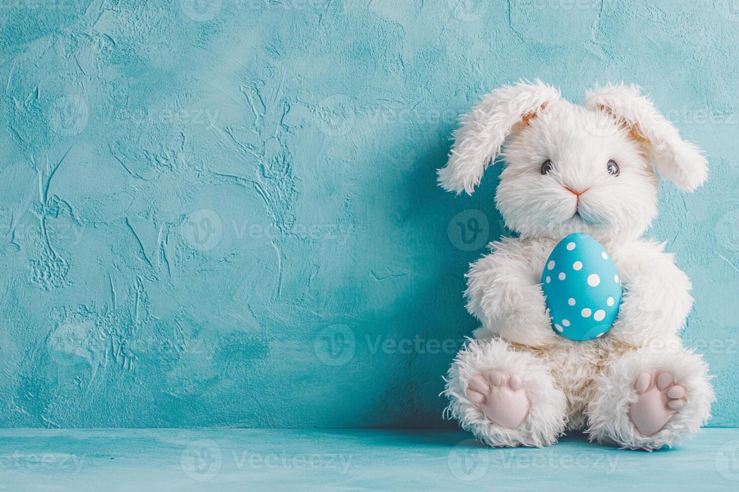 Cute Easter Bunny Holding an Easter Egg Against a Blue Wall with Text Space photo