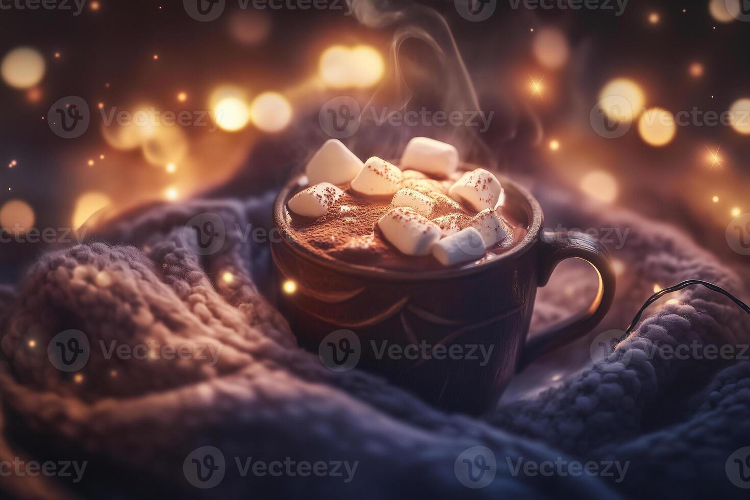 A cozy cup of hot chocolate topped with fluffy marshmallows, nestled in a soft knitted blanket photo