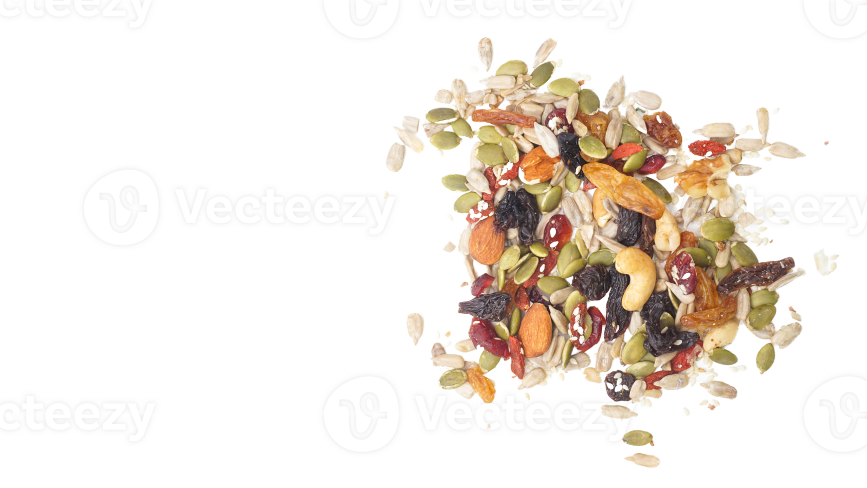 Variety of nuts seeds and dried fruits isolated on transparent background png