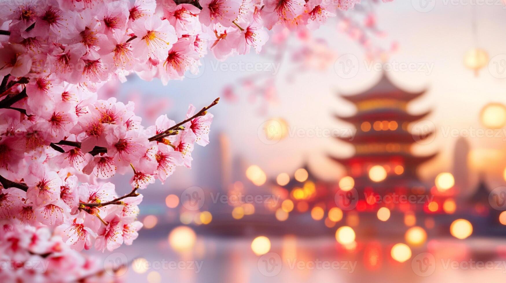Sakura Blossoms and Blurry Japanese Tower with Lanterns in the background photo