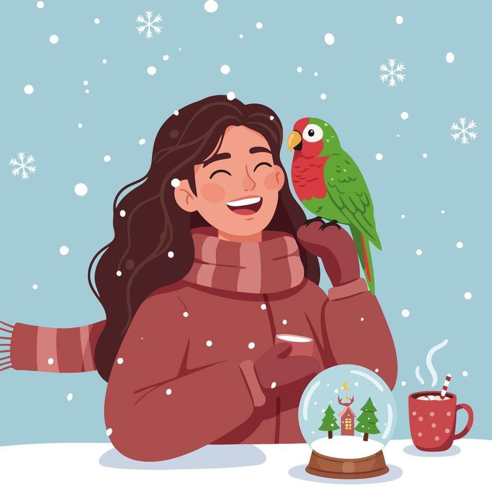 Woman Enjoys Winter with Parrot Hot Drink and Snow Globe vector