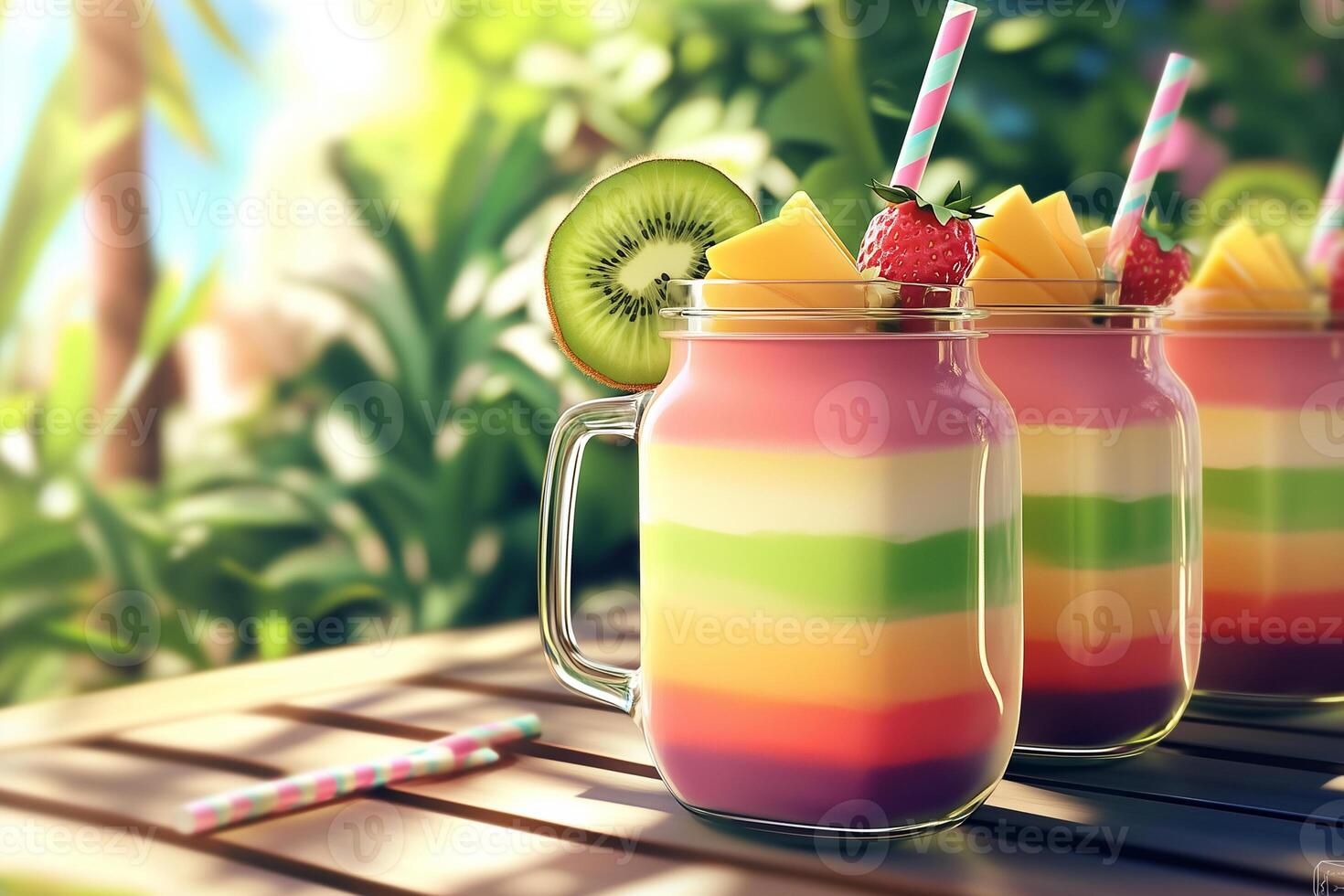 Three vibrant and colorful layered smoothies served in mason jars photo