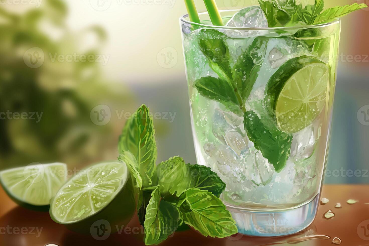 This image features a refreshing cocktail in a tall glass filled with ice, mint leaves, and lime wedges, accompanied by a drinking straw, blurred background photo