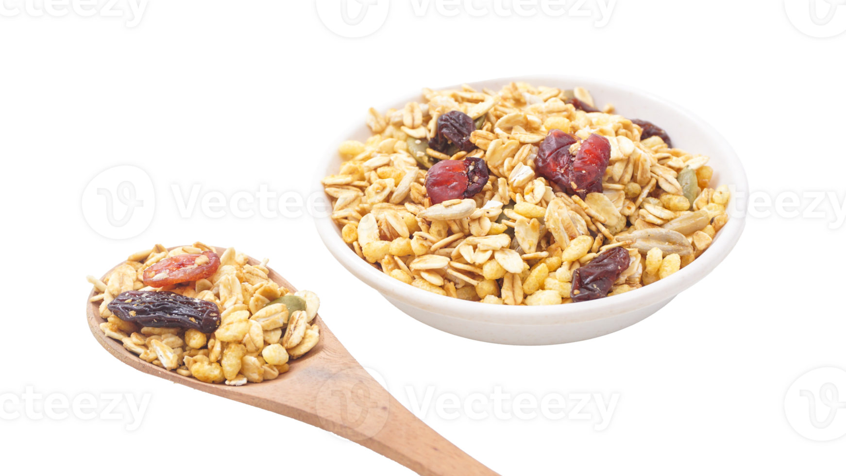 Granola with oats, nuts, and dried fruits on bowl and wooden spoon isolated on transparent background png