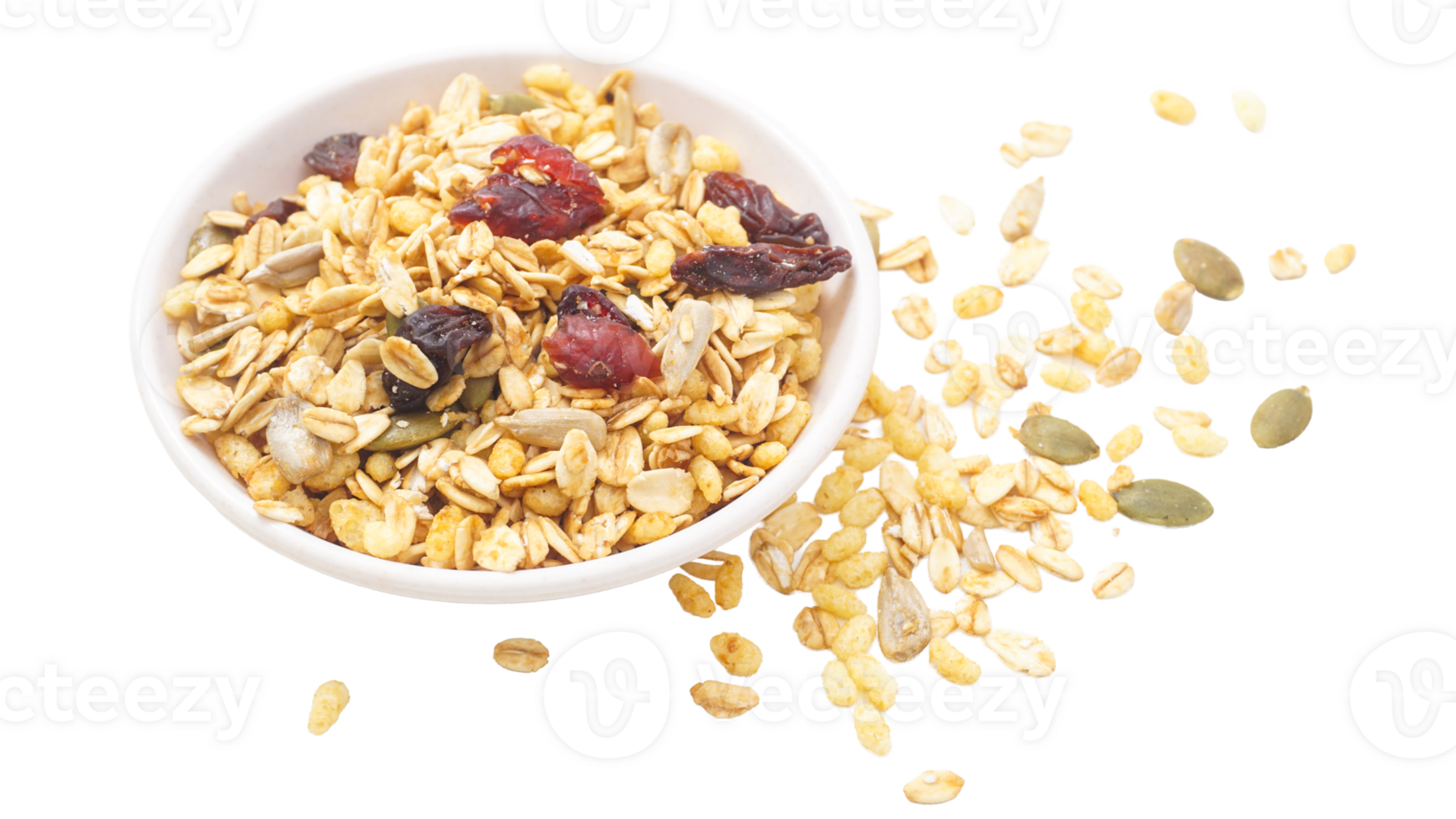 Crunchy granola with oats, nuts, and dried fruits on bowl isolated on transparent background png