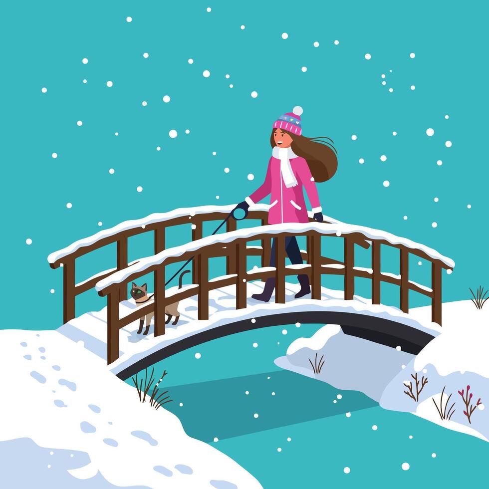 Woman Walking Cat Across Snowy Bridge in Winter Scene vector