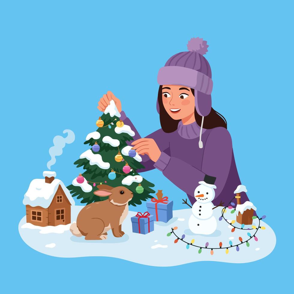 Woman Decorating Christmas Tree with Decorations in a Winter Scene vector