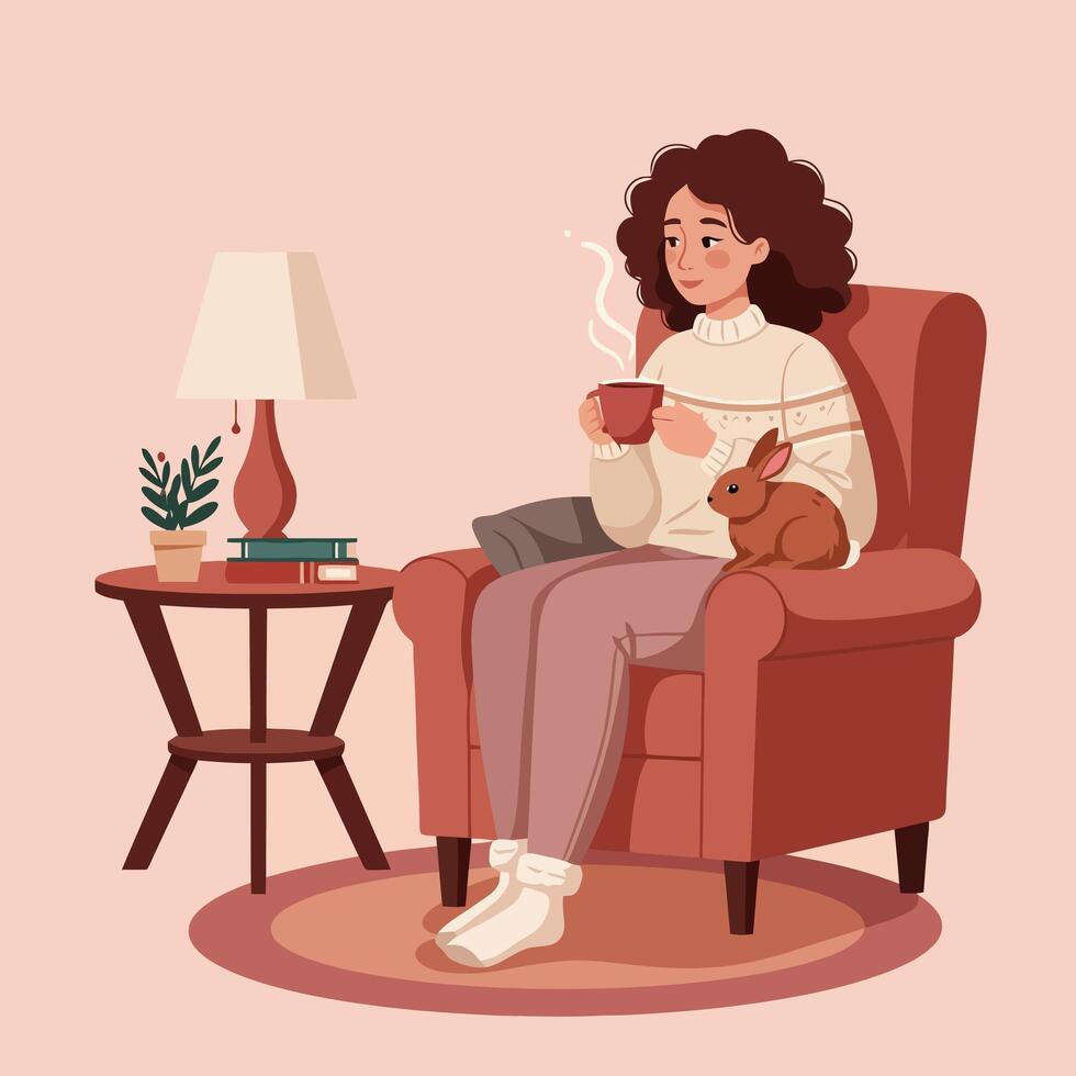 Woman Relaxing with Hot Drink and Pet Rabbit in Armchair vector
