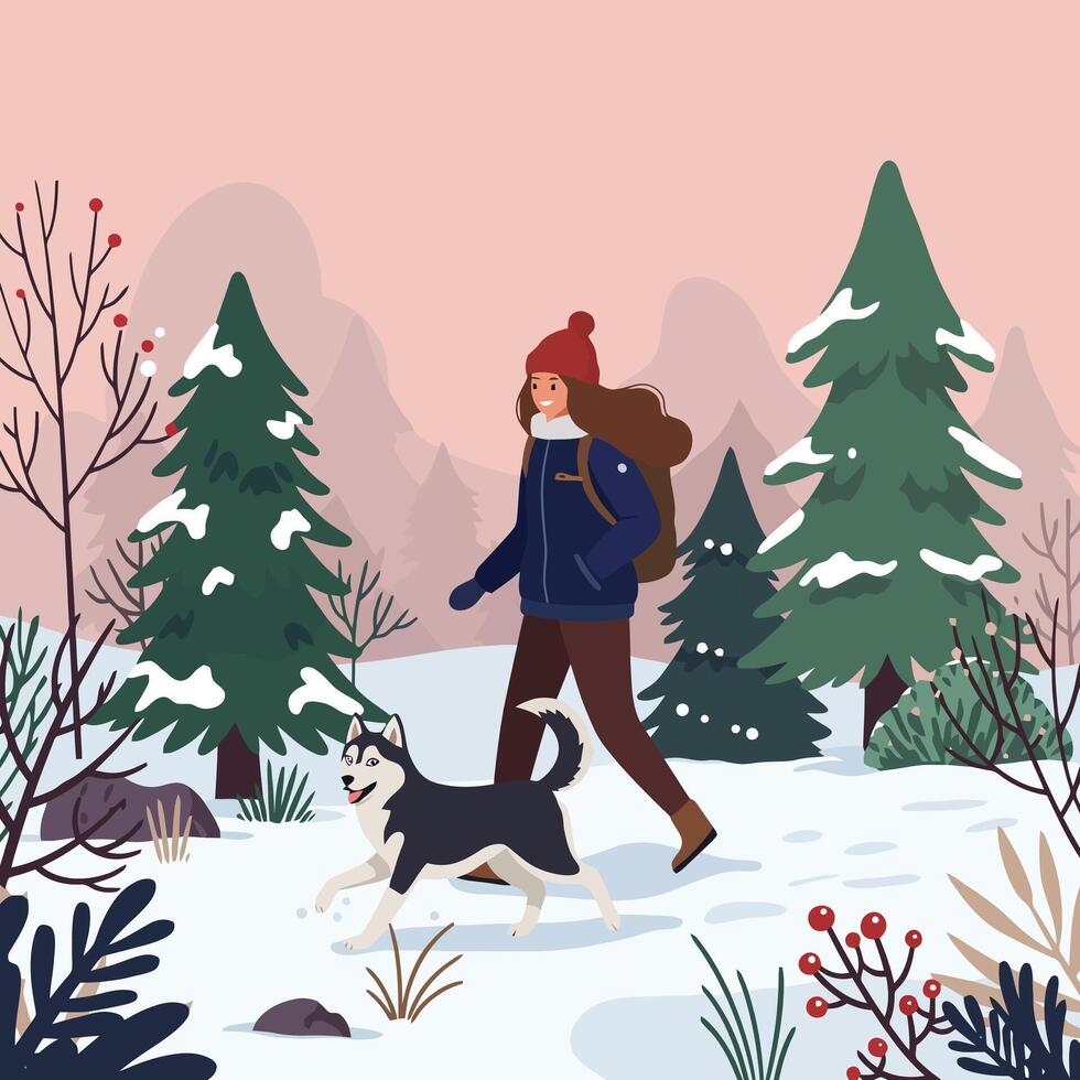 Woman Hiking with Dog in Snowy Winter Forest Landscape Illustration vector
