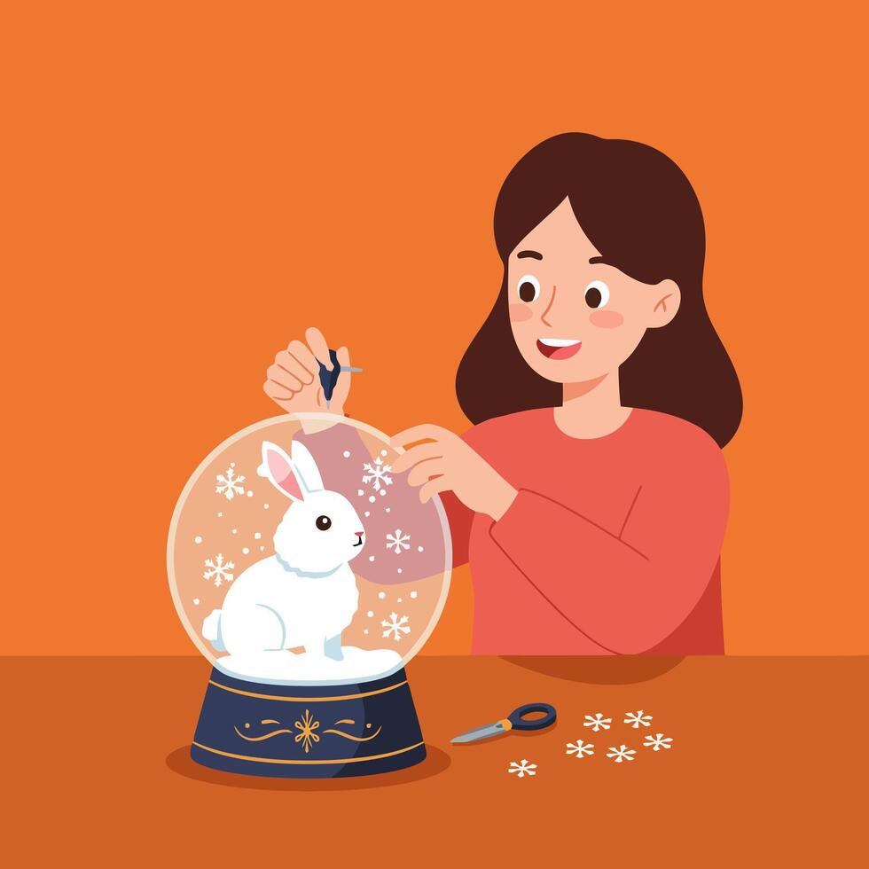 Woman Crafting Snow Globe with Rabbit and Snowflakes for Decoration vector