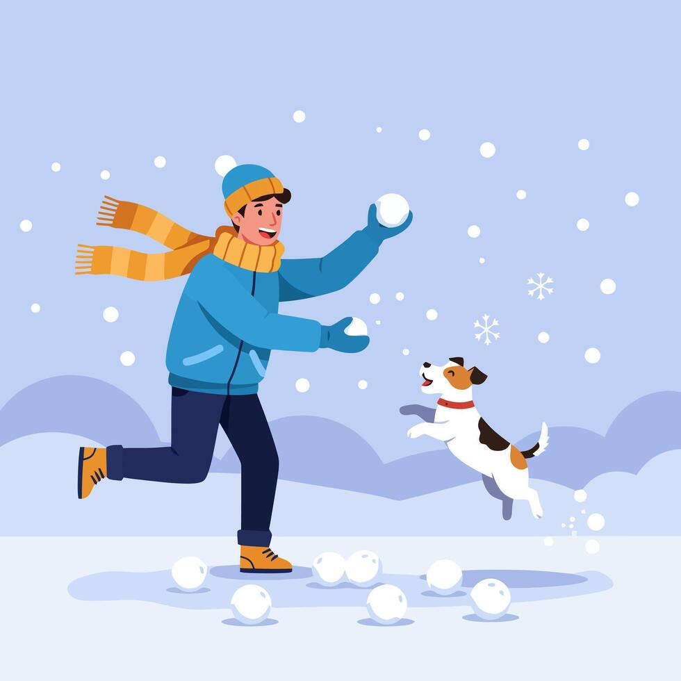 Man Throwing Snowballs with Dog During Winter Season Fun vector