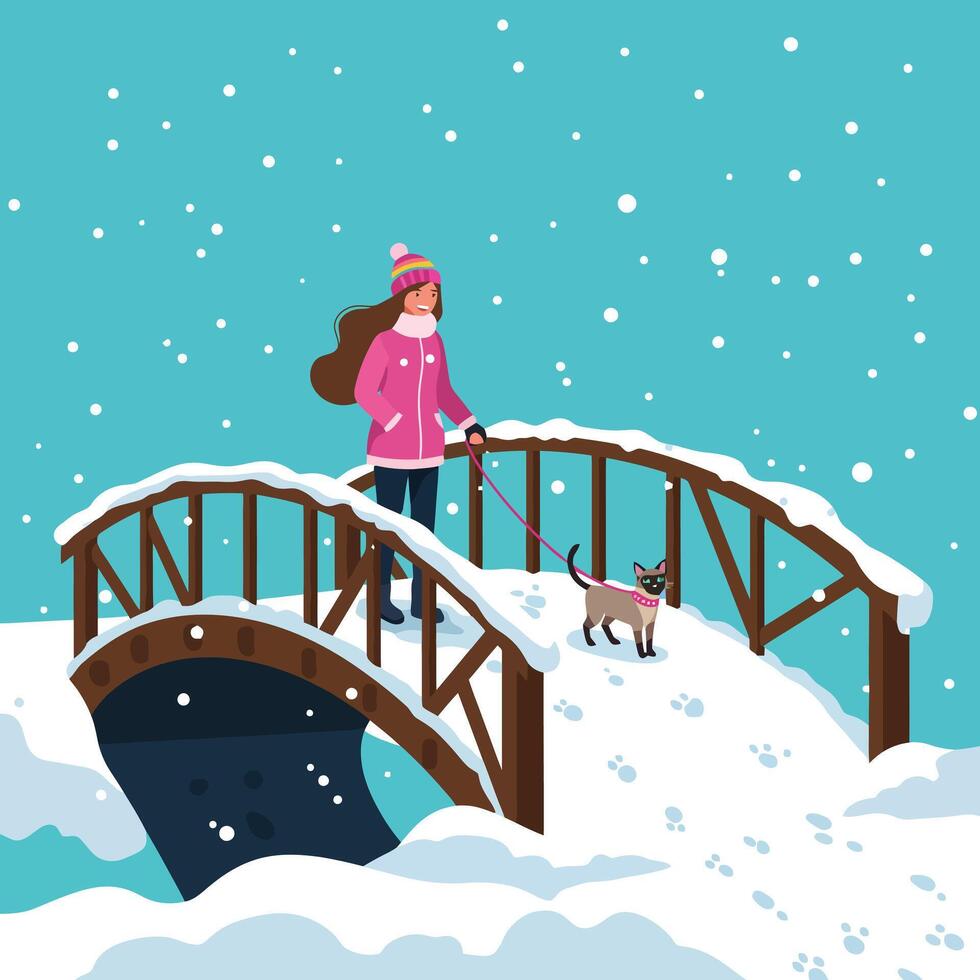 Woman Walking Cat on Snowy Bridge in Winter Scene vector