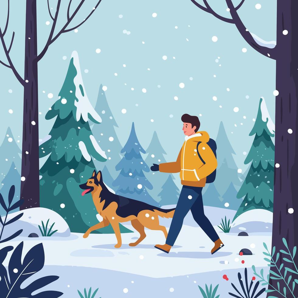 Man Walking Dog in Snowy Winter Forest Adventure Together vector