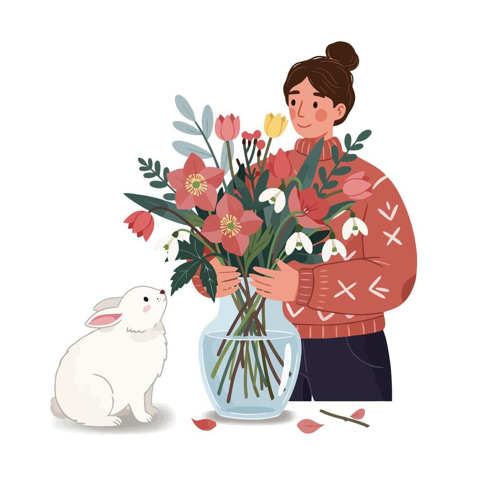Woman Arranging Colorful Flowers in Vase with a Curious Bunny vector