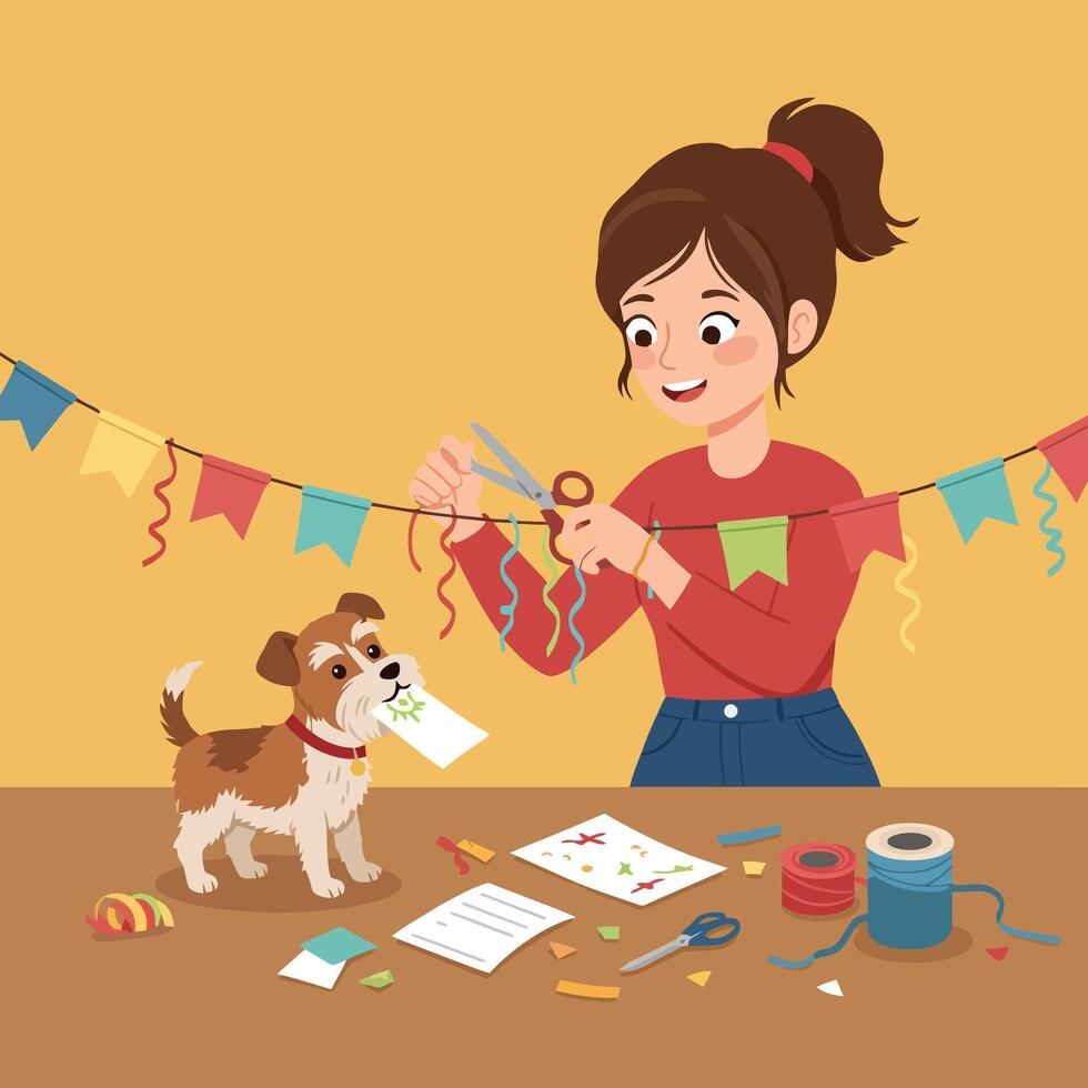 Woman Crafting Colorful Banner Decoration with Puppy Nearby at Home vector
