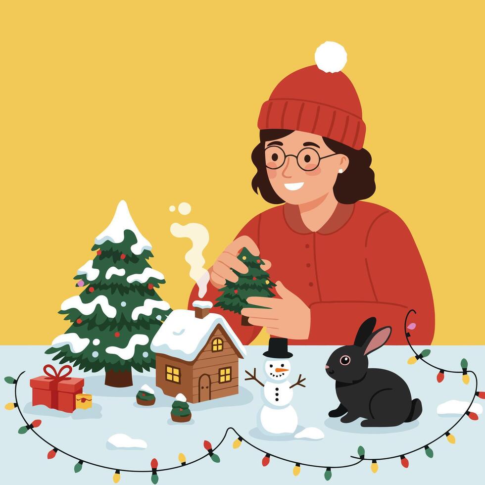 Woman Arranging Winter Village Scene with Trees and Decorations vector