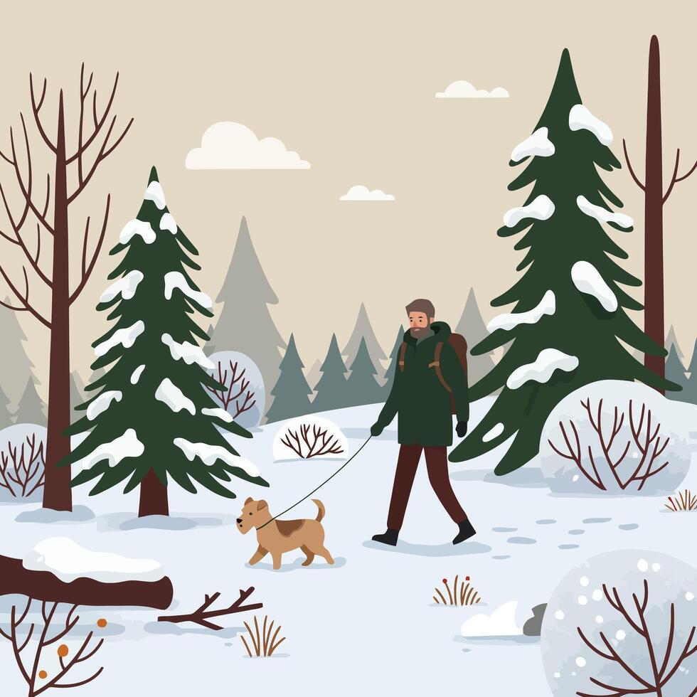 Man Walking Dog in Winter Forest Landscape Scene Illustration vector