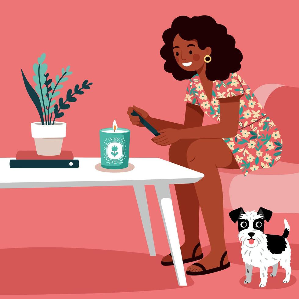 Woman Lighting Candle at Home with Dog in Relaxing Scene vector