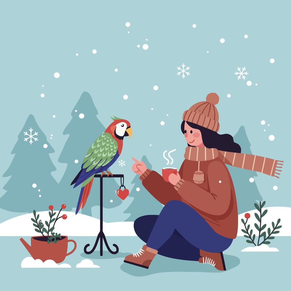 Woman with Parrot Drinking Warm Drink in Winter Snowfall Scene vector