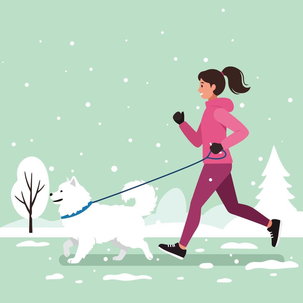 Woman Running with Dog During Winter Snowfall Outdoors in Flat Design vector