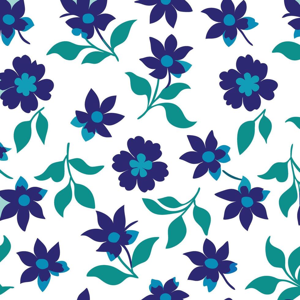 Dark Blue Floral Seamless Pattern on White vector