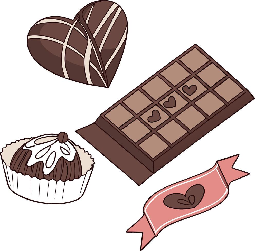 Chocolate Sweets Heart Bar Cupcake and Ribbon. vector