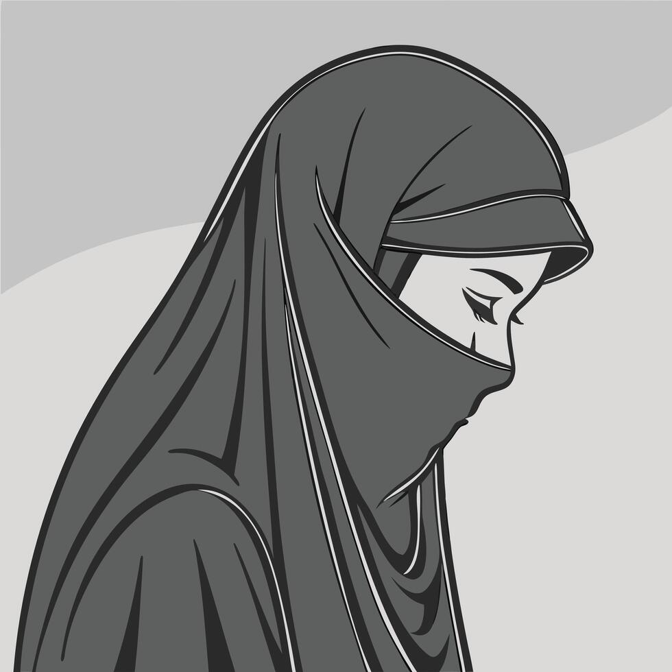 Niqabclad woman in grayscale illustration. vector