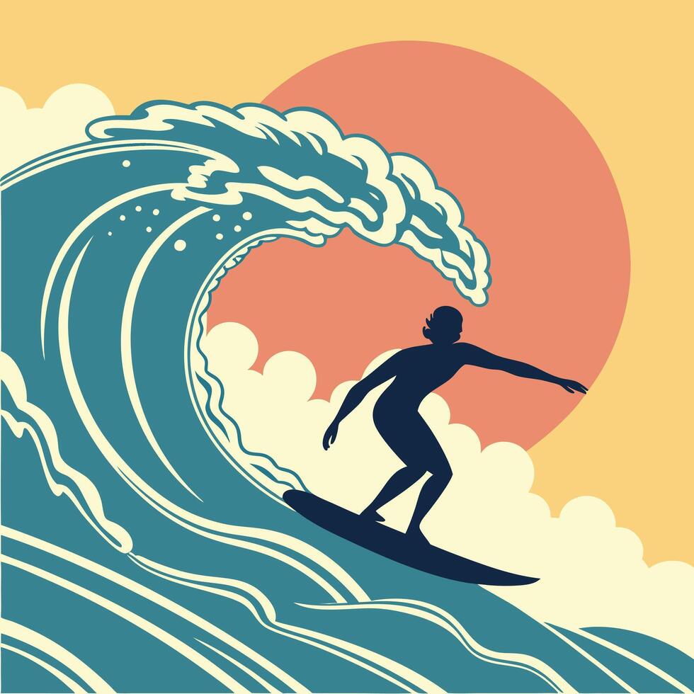 Surfer Riding Wave Silhouette Retro Style Illustration vector