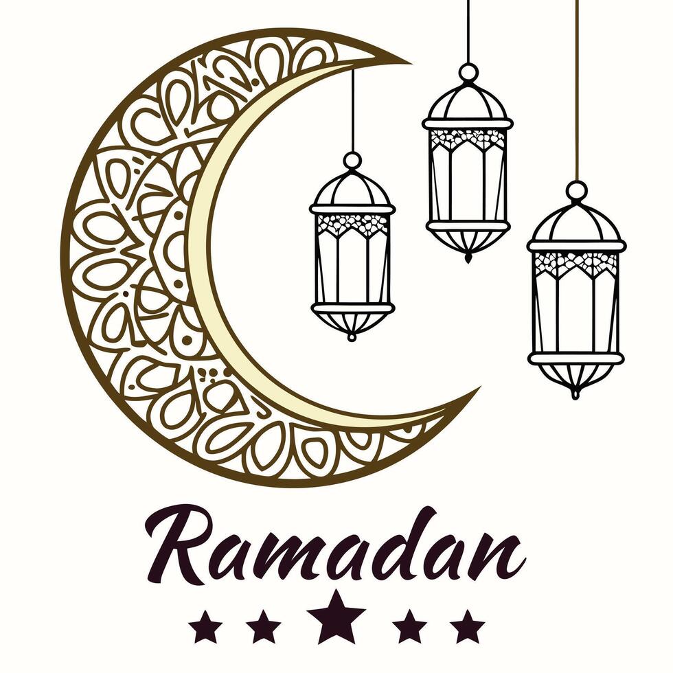 Ramadan crescent moon and hanging lanterns design vector