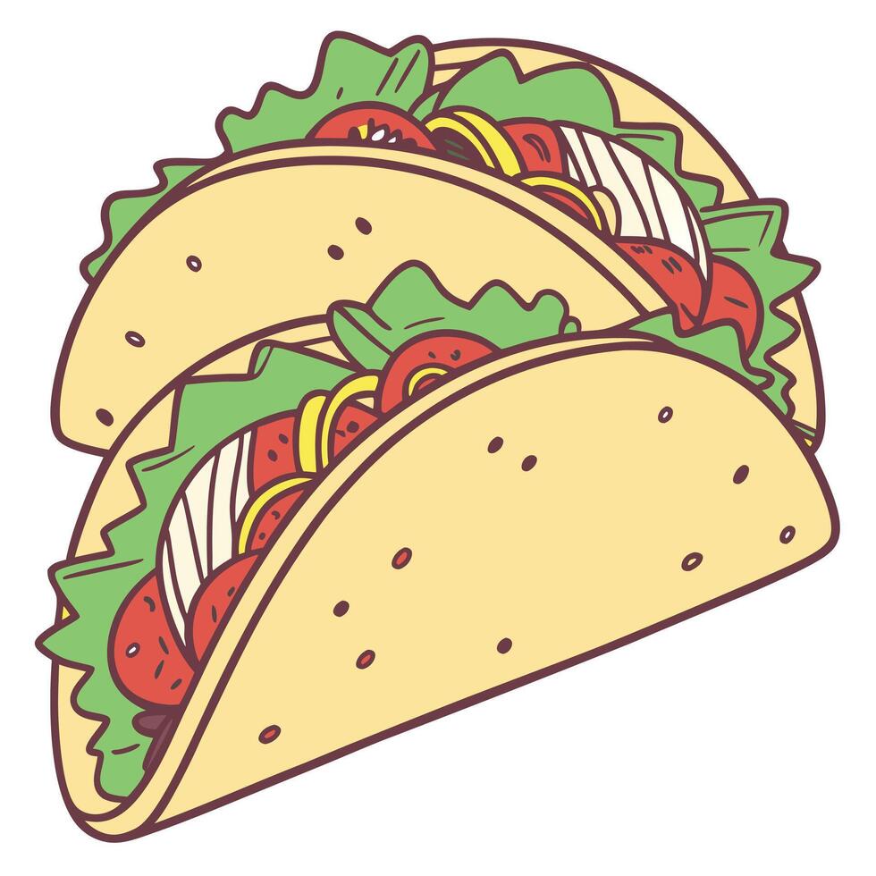 Two cartoon tacos with salad and tomatoes vector